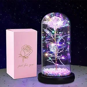 Artificial Colorful Flower Rose Gift Led Light On Galaxy Rose in Glass Dome Best Gifts