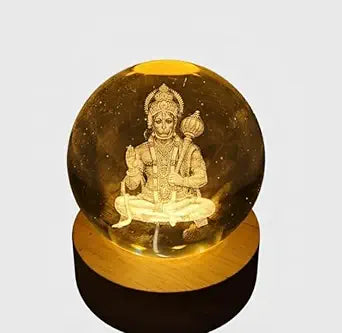 Lord Hanuman 3D Laser- Engraved Crystal Ball LED Night Light with Wooden Base