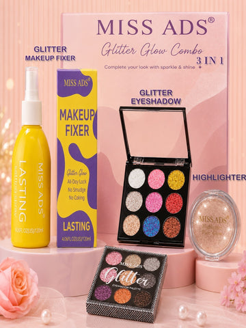 MISS ADS COMBO (MAKEUP FIXER, HIGHLIGHTER, GLITTER EYESHADOW)